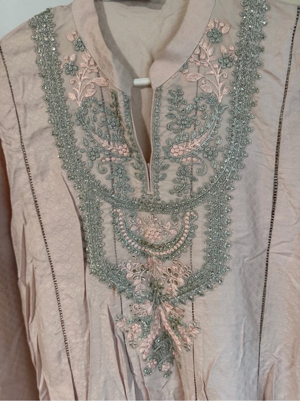 Embroidered Pastel Pink Kurta with Silver-Green Threadwork worn once